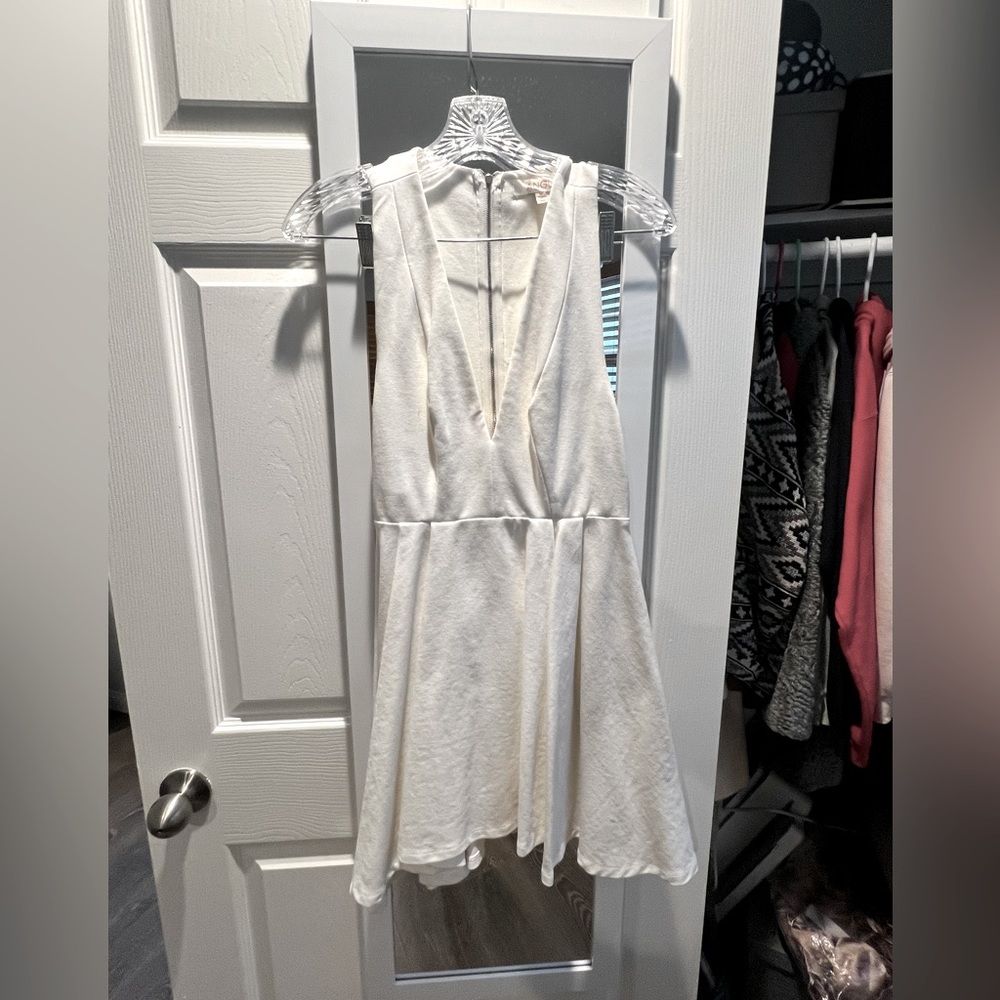 White A-line skater dress. Plunge neck. Racer Back. Size M